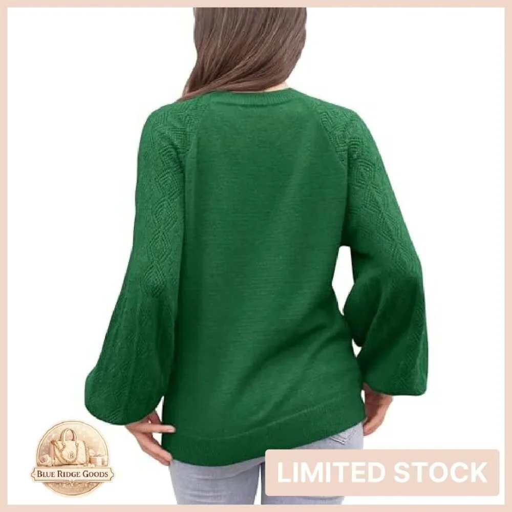 Chunky Knit V-Neck Pullover Sweater Oversized Slouchy Chic Lantern Sleeves - Picture 5 of 8
